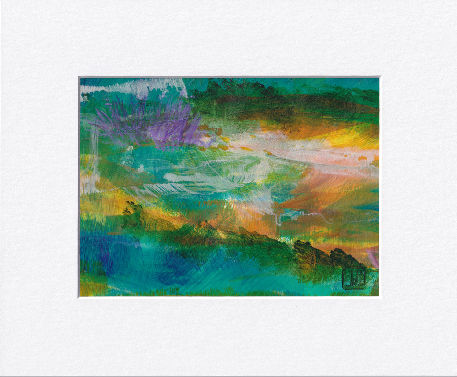 Colorful abstract landscape of oceanside sand and flora. Blues, turquoise, gold, orange, dark green and purple
