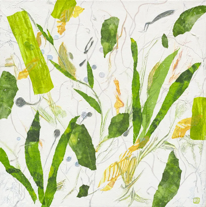 Floating green seaweed-like botanicals and tadpole-like creatures against a white background.