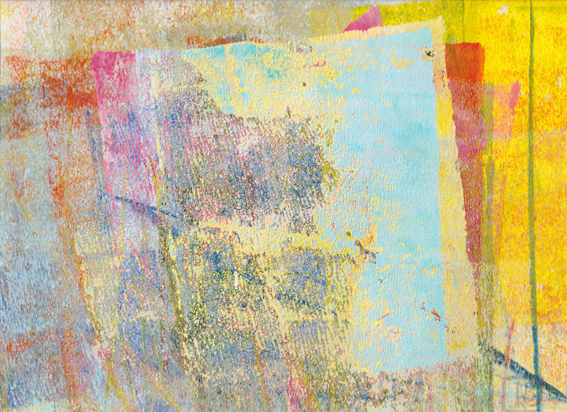 Good Morning abstract painting with blue sky and geometric shapes in golden yellow, red, pink, blues, rust