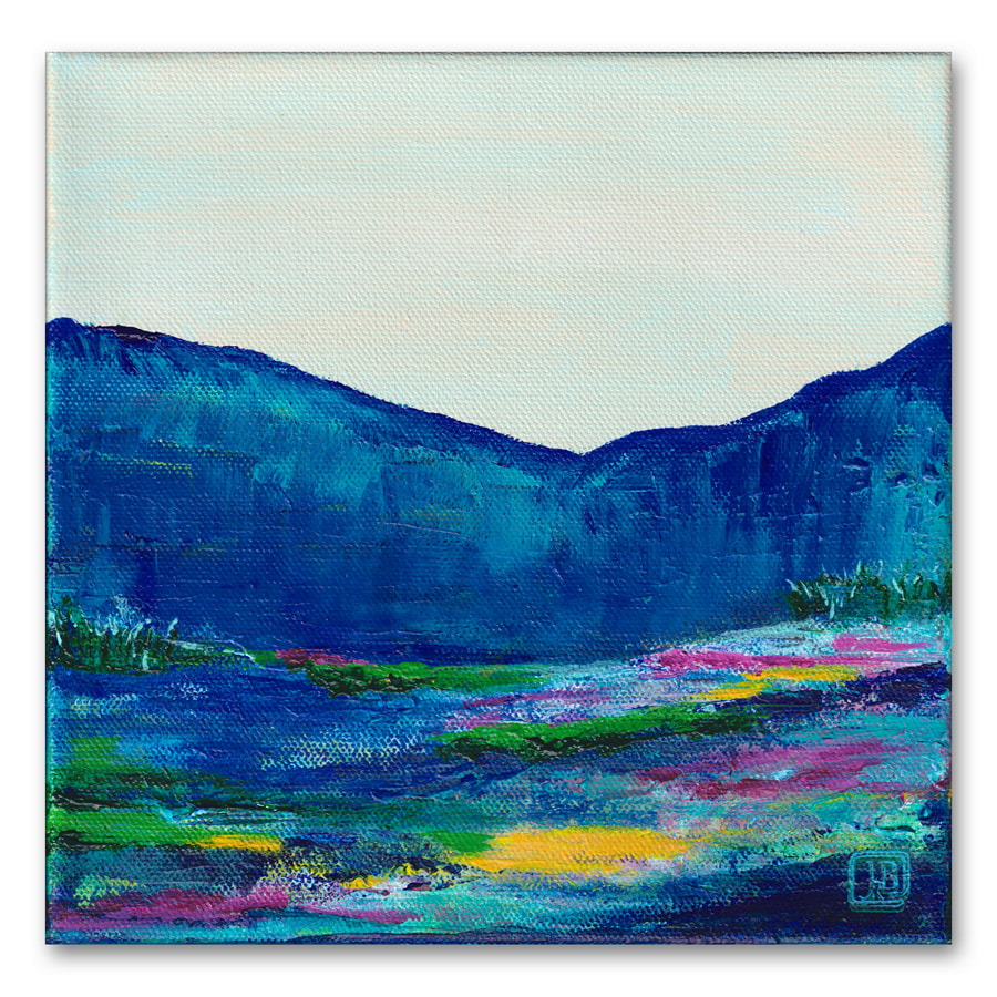 Abstract landscape by Berkley of meadow and blue hills or cliffs just at the beginning of dusk. Blues, greens, gold, magenta with light blue sky.