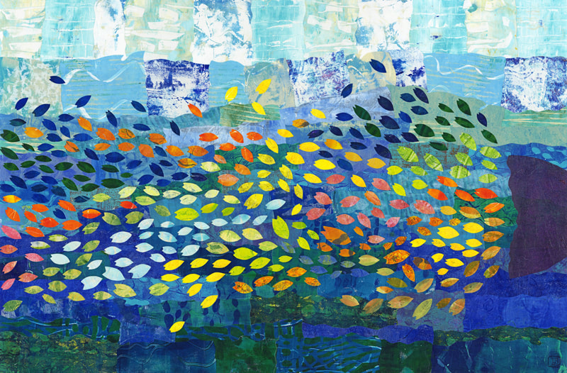We Are Many collage of many small colorful fish chasing a large purple fish away. Background is all blues and greens, hand-printed papers collaged to make an ocean.