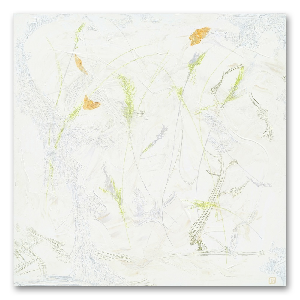 Berkley_A-Little-Jig abstract mixed-media painting of delicate grasses on white ground
