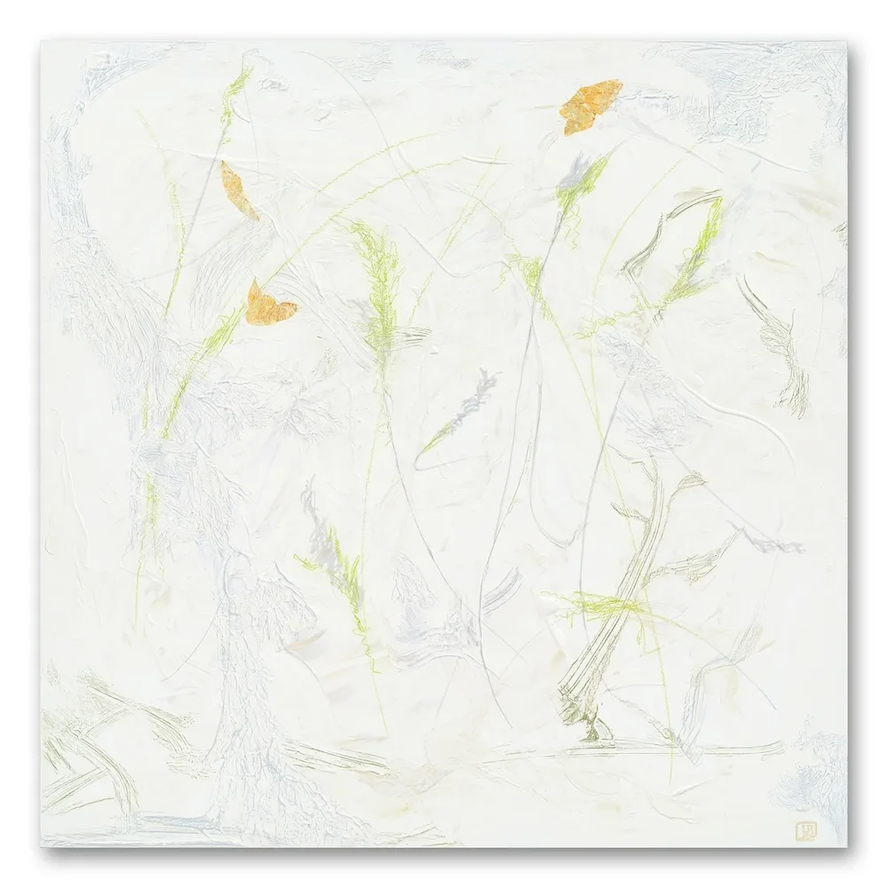 Berkley_A-Little-Jig abstract mixed-media painting of delicate grasses on white ground