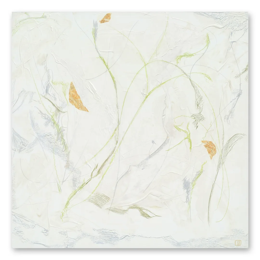 Berkley_A-Little-Waltz abstract mixed-media painting of delicate grasses on white ground
