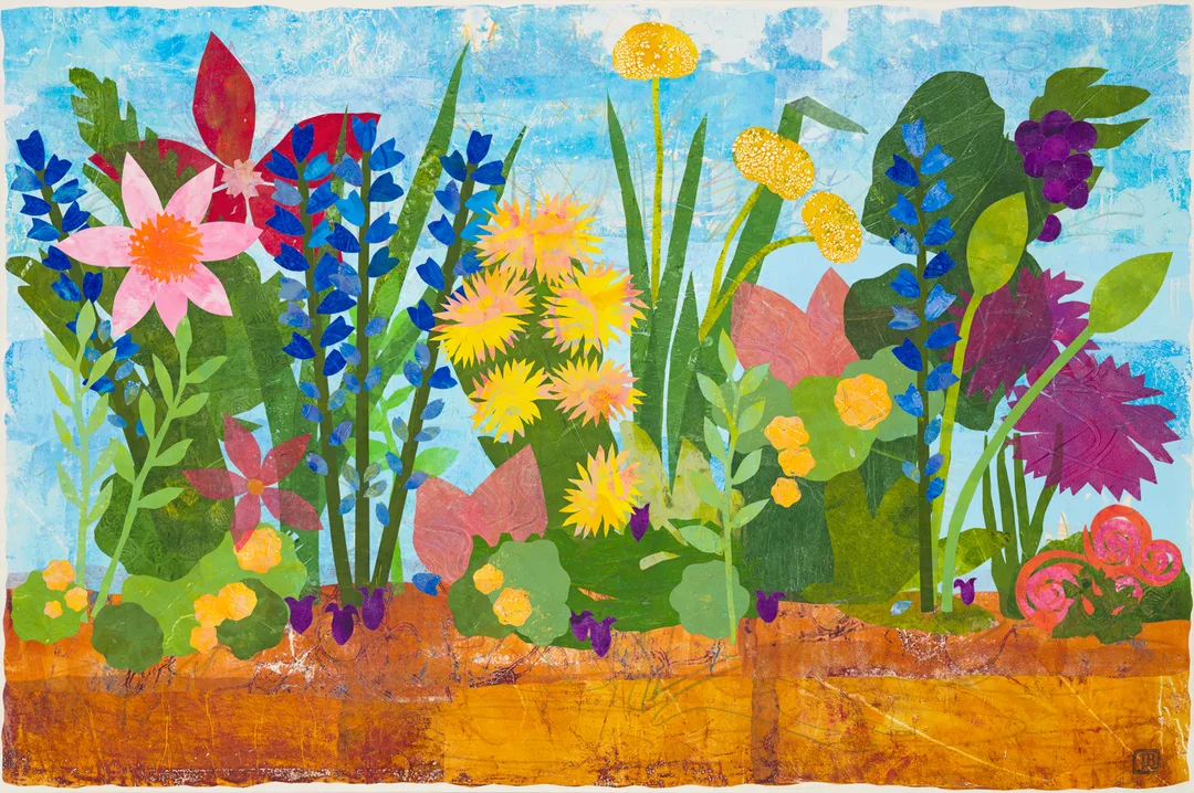 An abstract, lush garden collage done using hand-printed papers in shades of pink, blue, red, yellow, pur