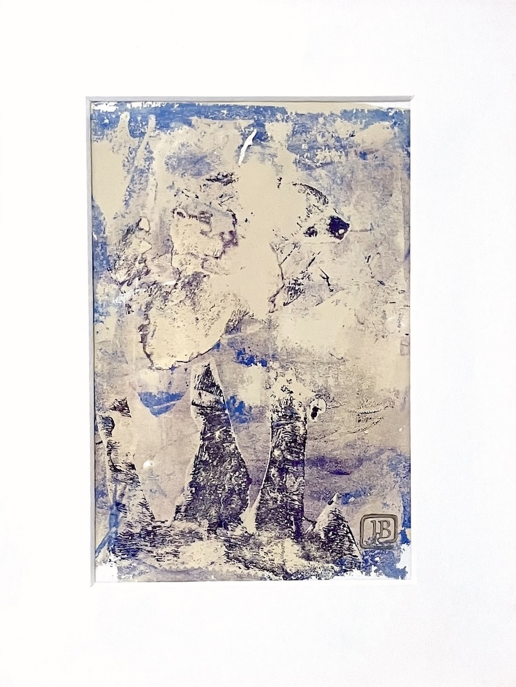 Original abstract monotype in blues, deep purple, cream with a dreamy quality and the hint of a large elephant