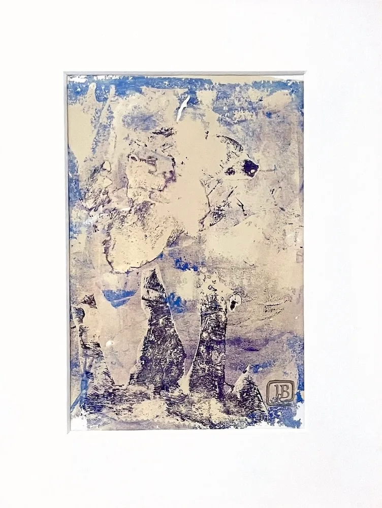 Original abstract monotype in blues, deep purple, cream with a dreamy quality and the hint of a large elephant