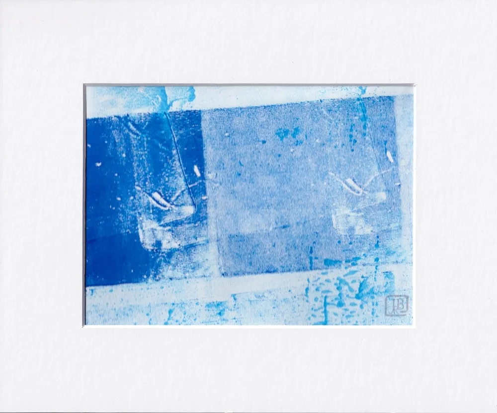 Abstract all blue monotype with 2 whitish sticklike figures dancing in sequence on a diagonal plane