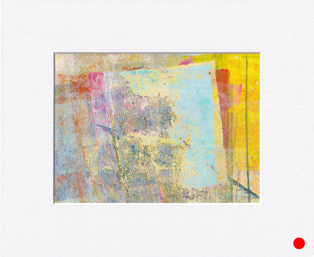 Abstract painting, a bit geometric, in golds, blues, reds, grays reminding of window with blue sky