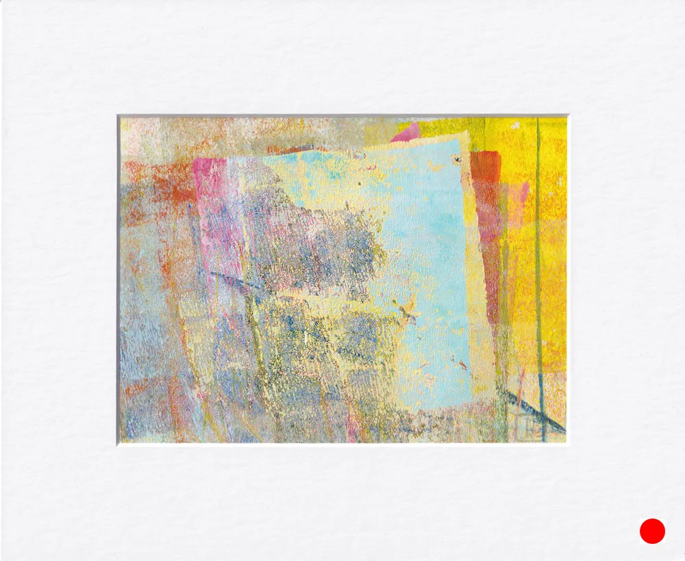 Abstract painting, a bit geometric, in golds, blues, reds, grays reminding of window with blue sky