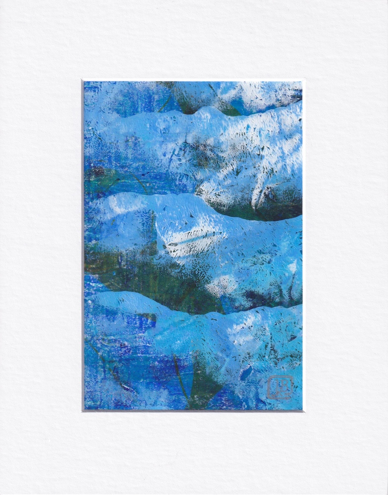 Original monotype in horizontal deep blues with dark green crevices
