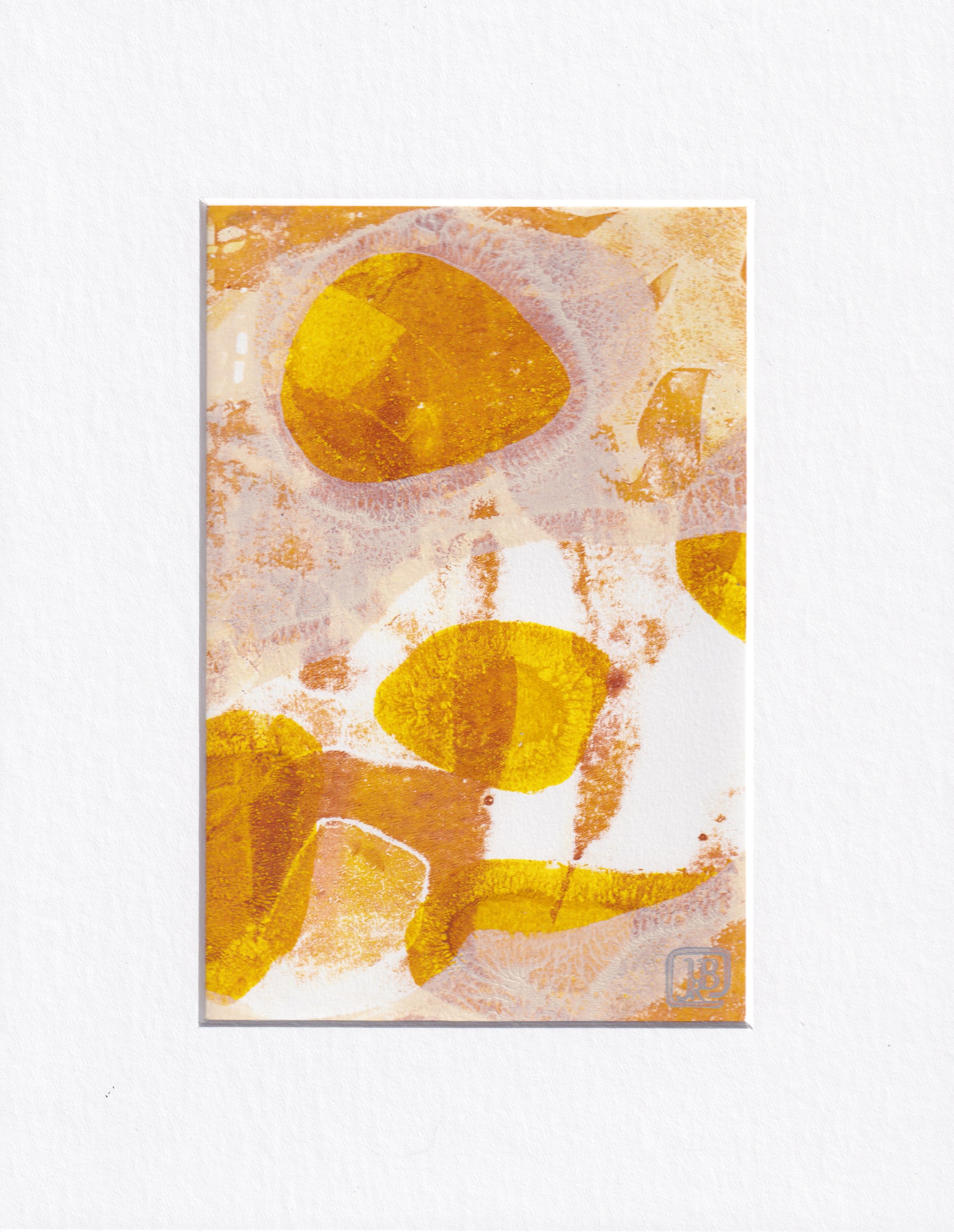 Original abstract monotype in yellow gold and cream with implied image of maned lion under the sun