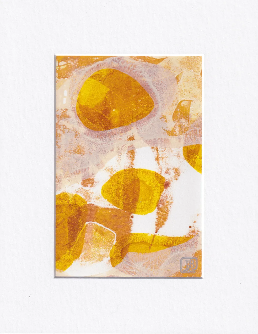 Original abstract monotype in yellow gold and cream with implied image of maned lion under the sun