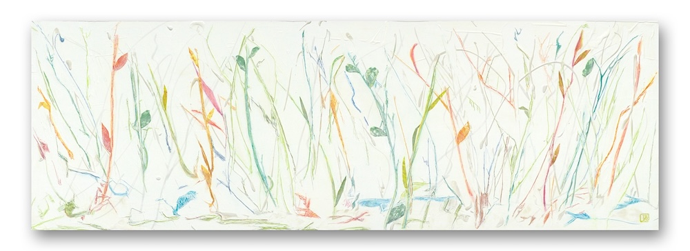 Horizontal painting of colorful meadow grasses against a white background. 