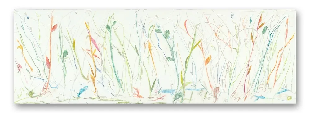 Horizontal painting of colorful meadow grasses against a white background. 