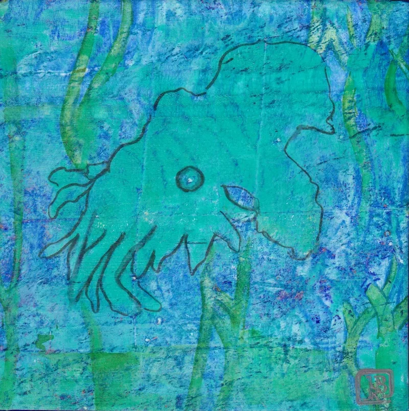 Monotype print of abstract teal greenish sea creature and seaweed  against a blue background. 