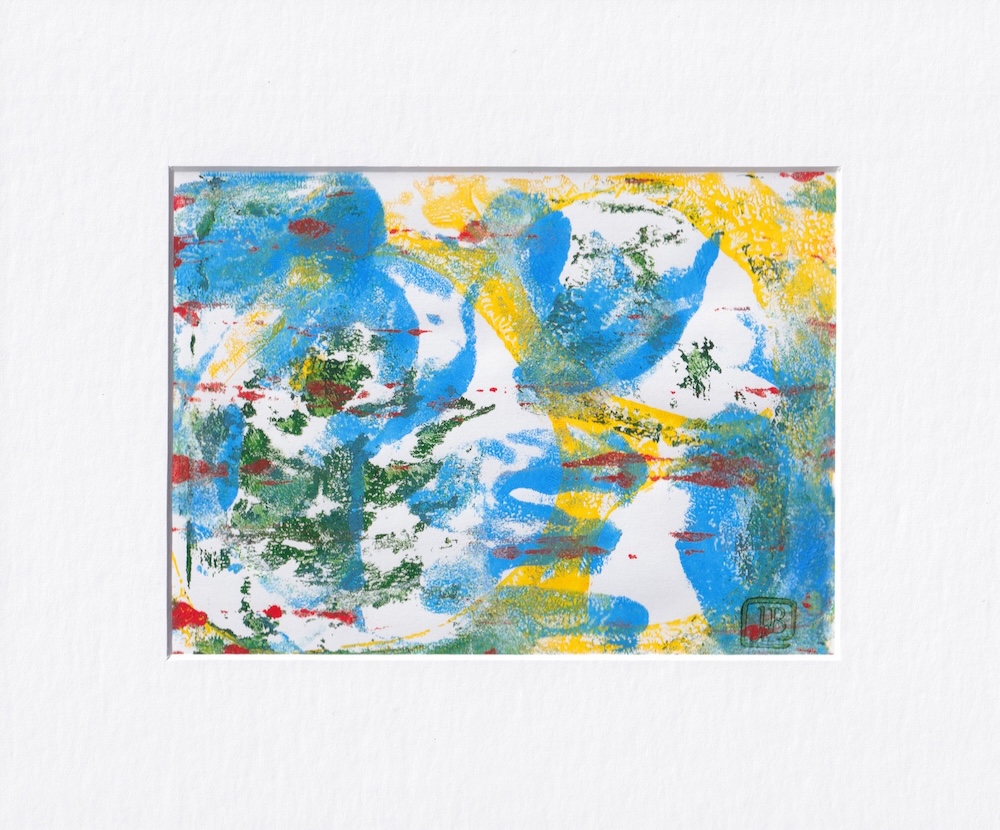 Abstract swirly picture with yellow for sunlight, bright blue for sky, green and red for flora against white backdrop
