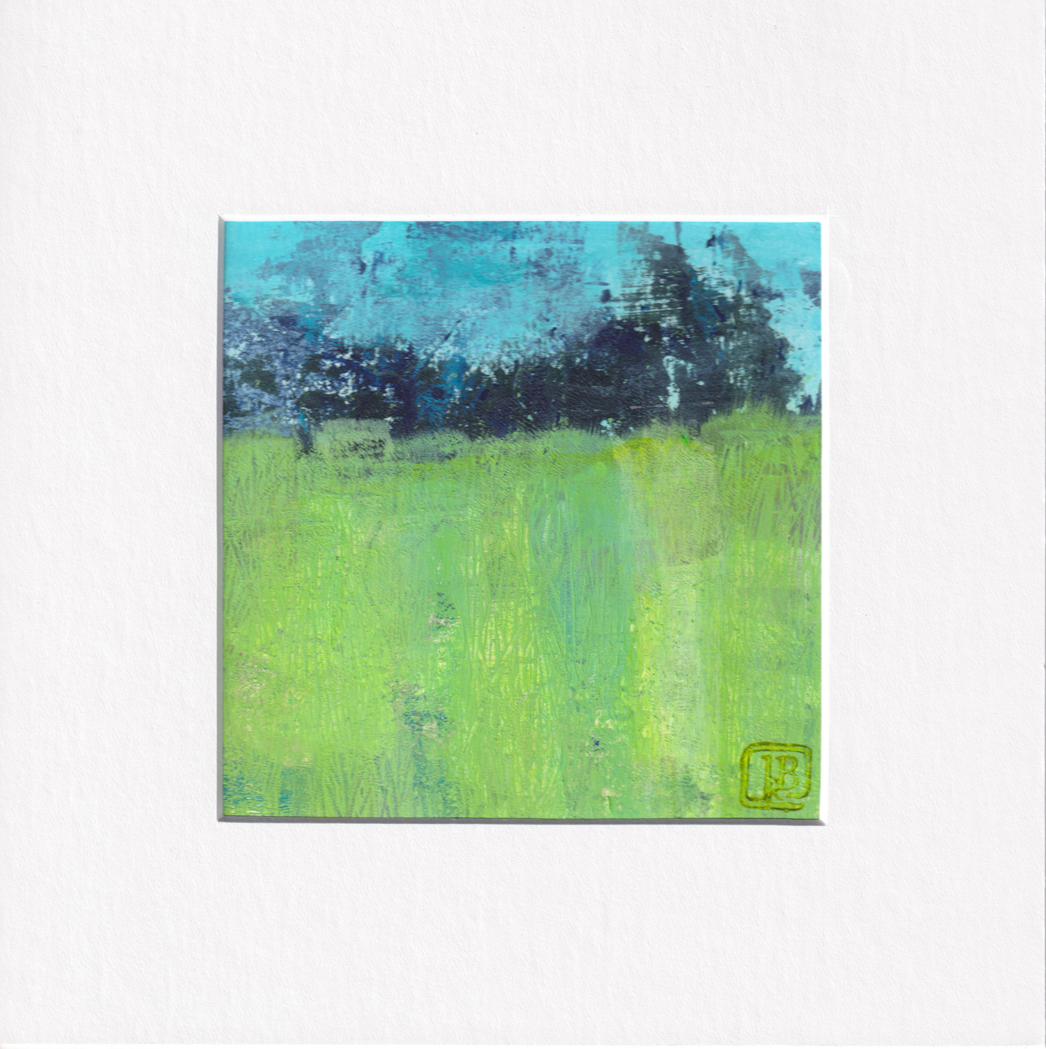Abstract landscape by Berkley of green field with dark blue trees in distance and light blue sky. Image is watery like seen through a rainy window.