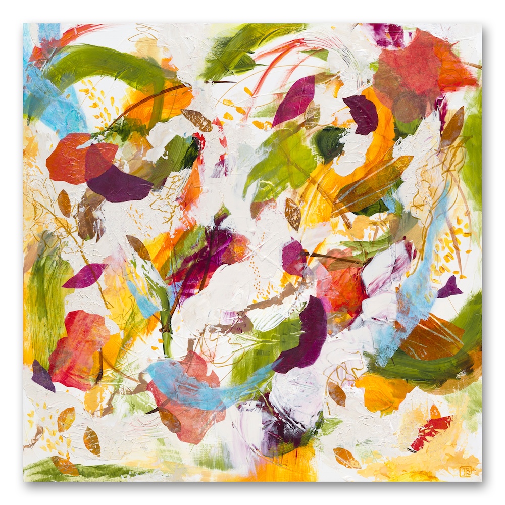 Abstract painting of swirling colors against white with leaflike forms included. Red, orange, brown, green, yellow, gold, purple and swaths of light blue representing breath or a breeze.
