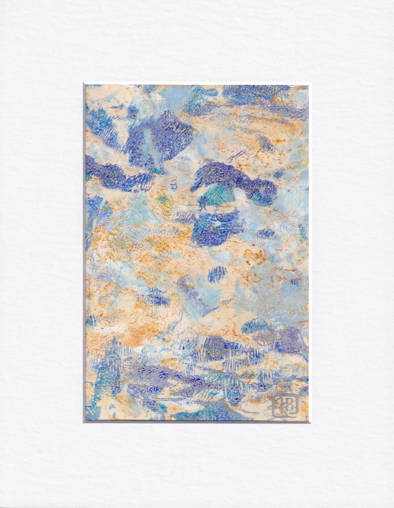 Original abstract monotype in blues, lavender, gold, tan