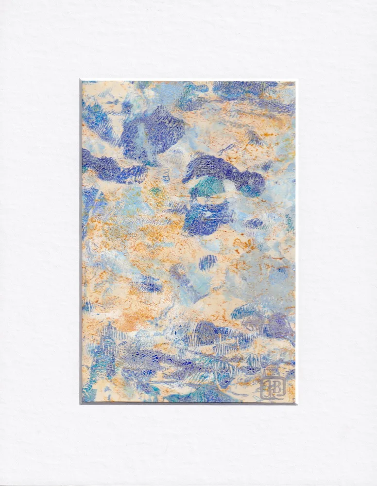 Original abstract monotype in blues, lavender, gold, tan