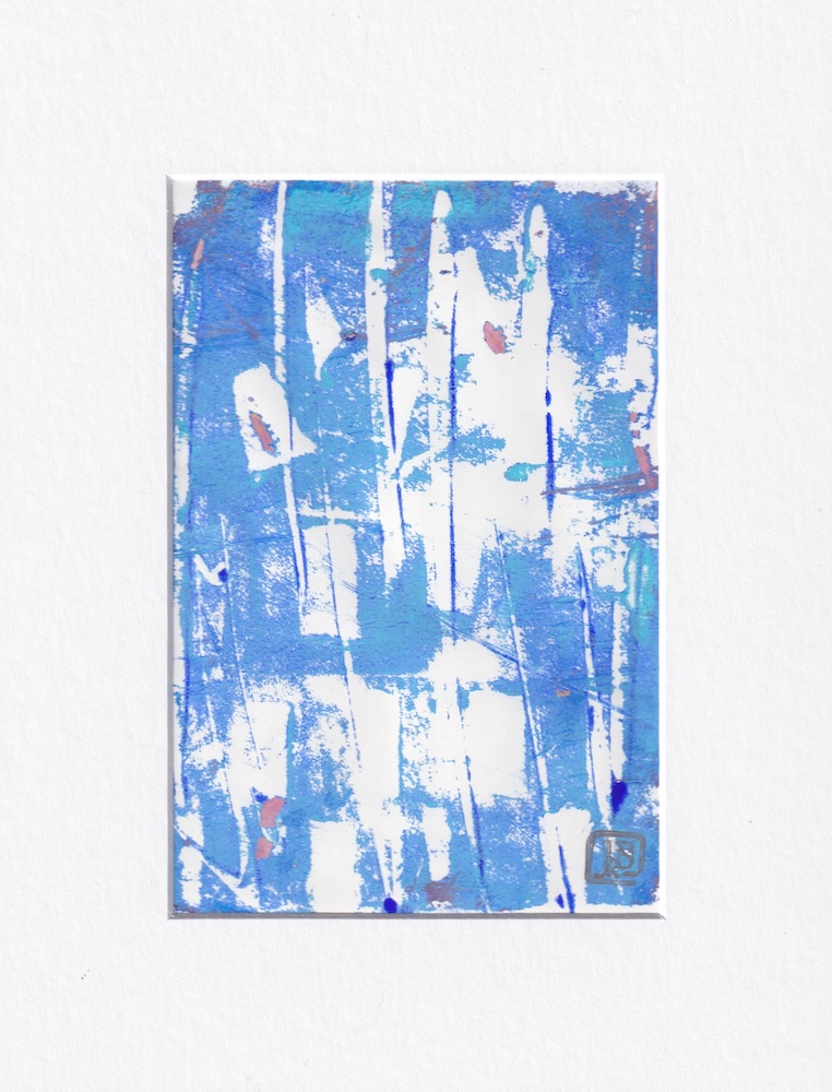 Original abstract monotype in blue and white verticals with 