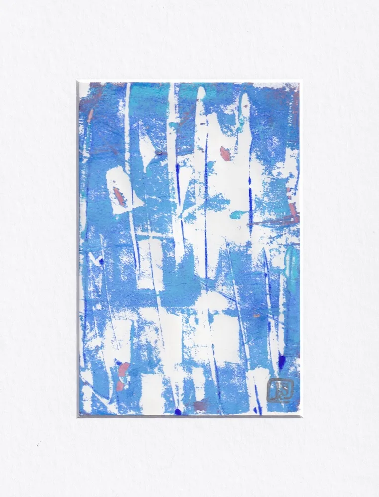 Original abstract monotype in blue and white verticals with 