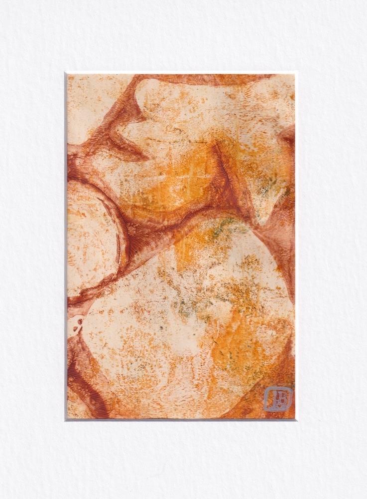 Original abstract monotype in rust, orange, cream with boulder-like shapes