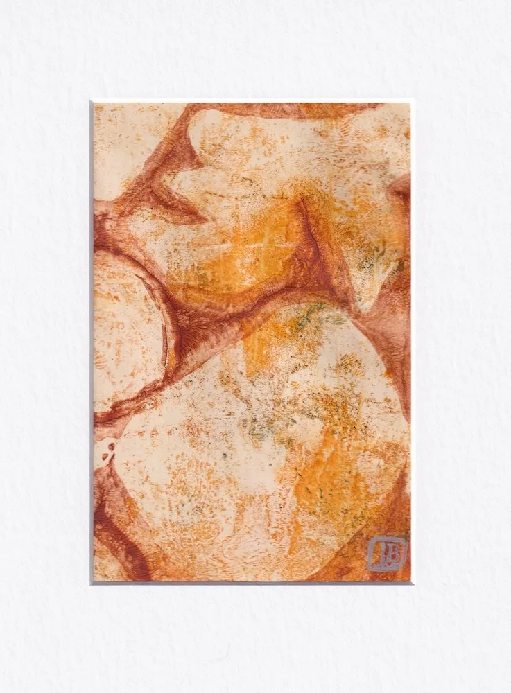 Original abstract monotype in rust, orange, cream with boulder-like shapes
