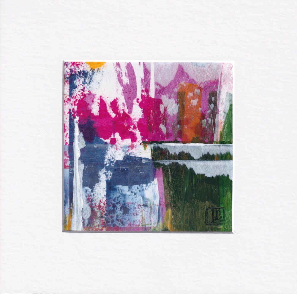 Snow Day abstract painting by Berkley. Splashes of pink, magenta, blue, green, gold, orange with plenty of white.