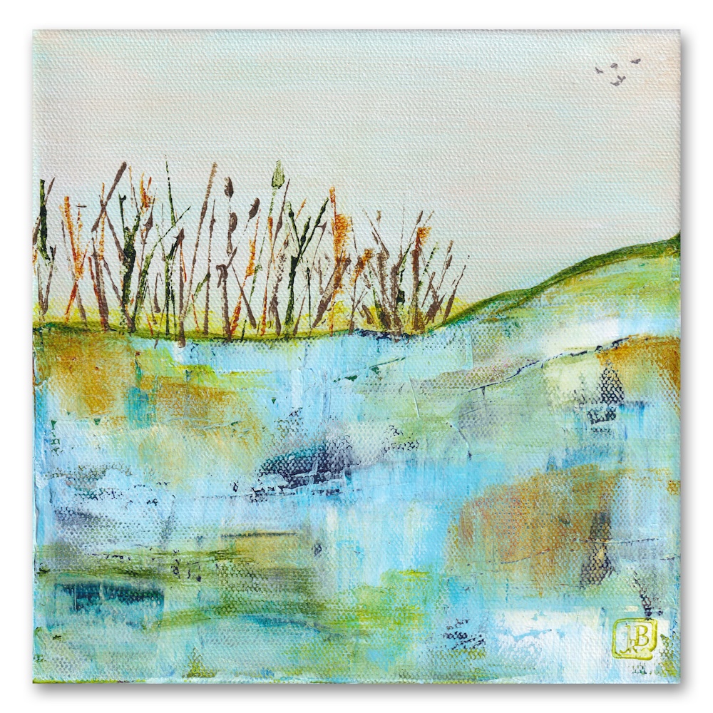 Abstract landscape of grasses on edge of field in icy blue, gold, greens, white with a pale sky and several birds flying in the distance