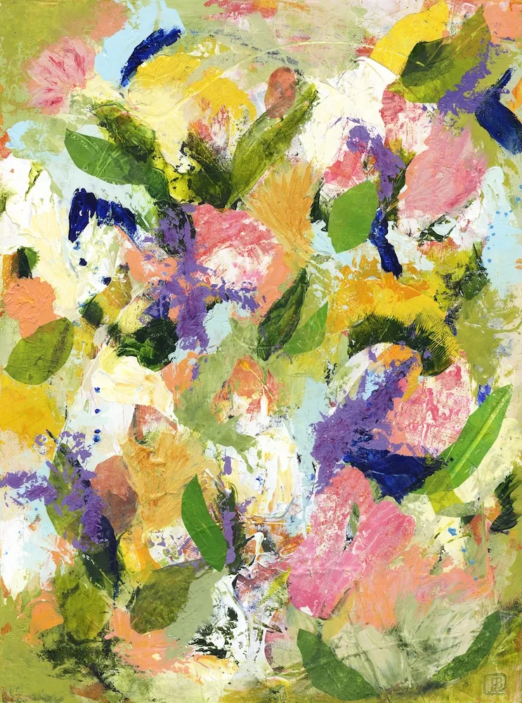 Berkley Starting Fresh abstract floral painting in greens, pinks, purples, cream, yellows