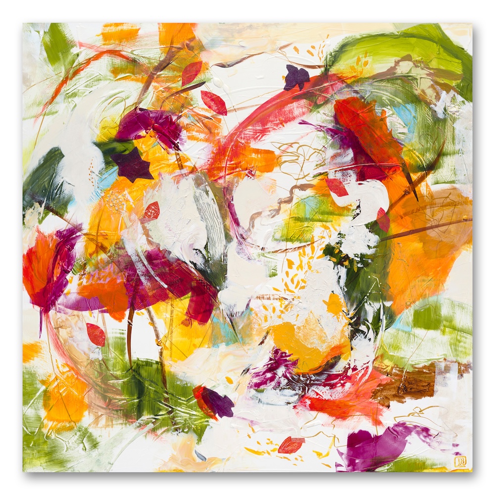 Abstract painting of swirling colors against white with leaflike forms included. Red, orange, green, yellow, gold, purple and bits of light blue and tan. There is a small stair-like structure in the middle