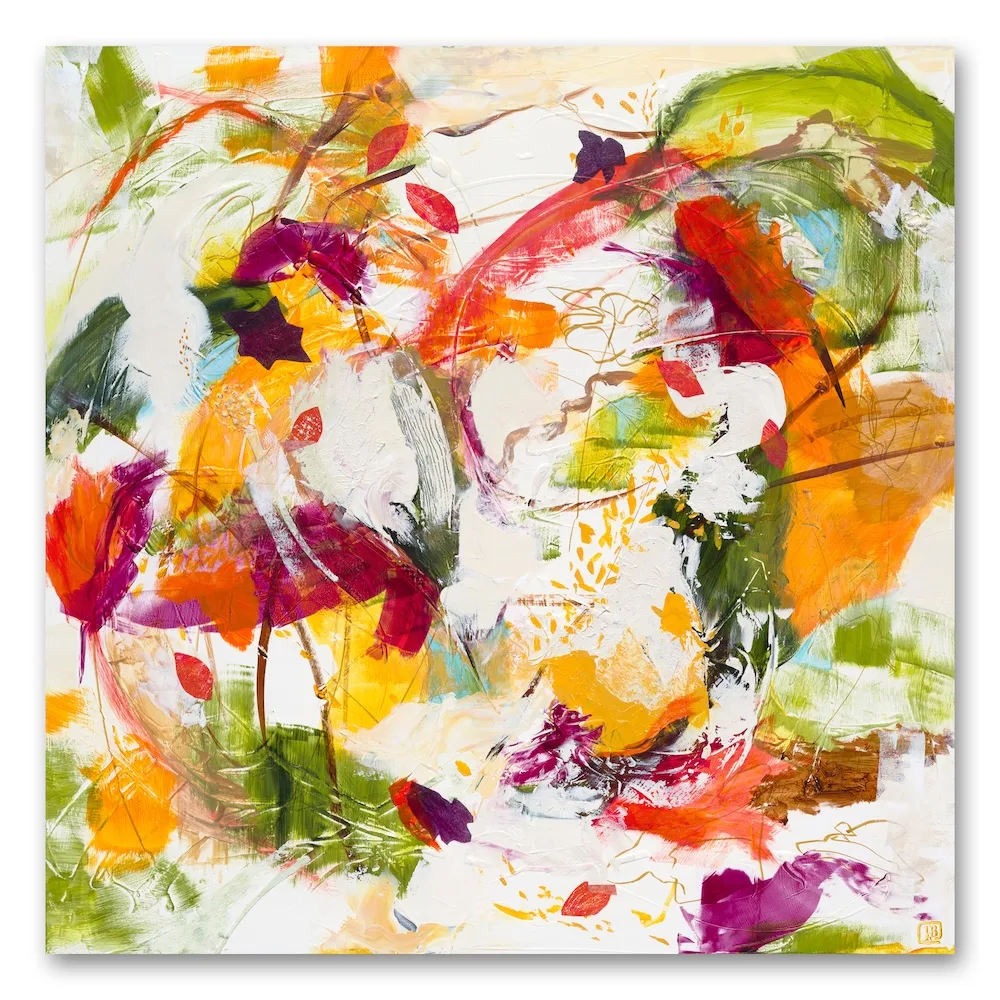 Abstract painting of swirling colors against white with leaflike forms included. Red, orange, green, yellow, gold, purple and bits of light blue and tan. There is a small stair-like structure in the middle