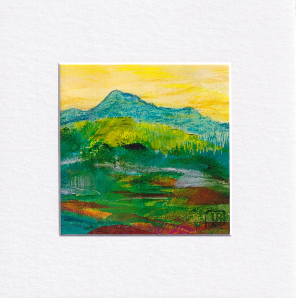 Abstract landscape of mountain in the distance and fields in front, with dark hole for an animal burrow