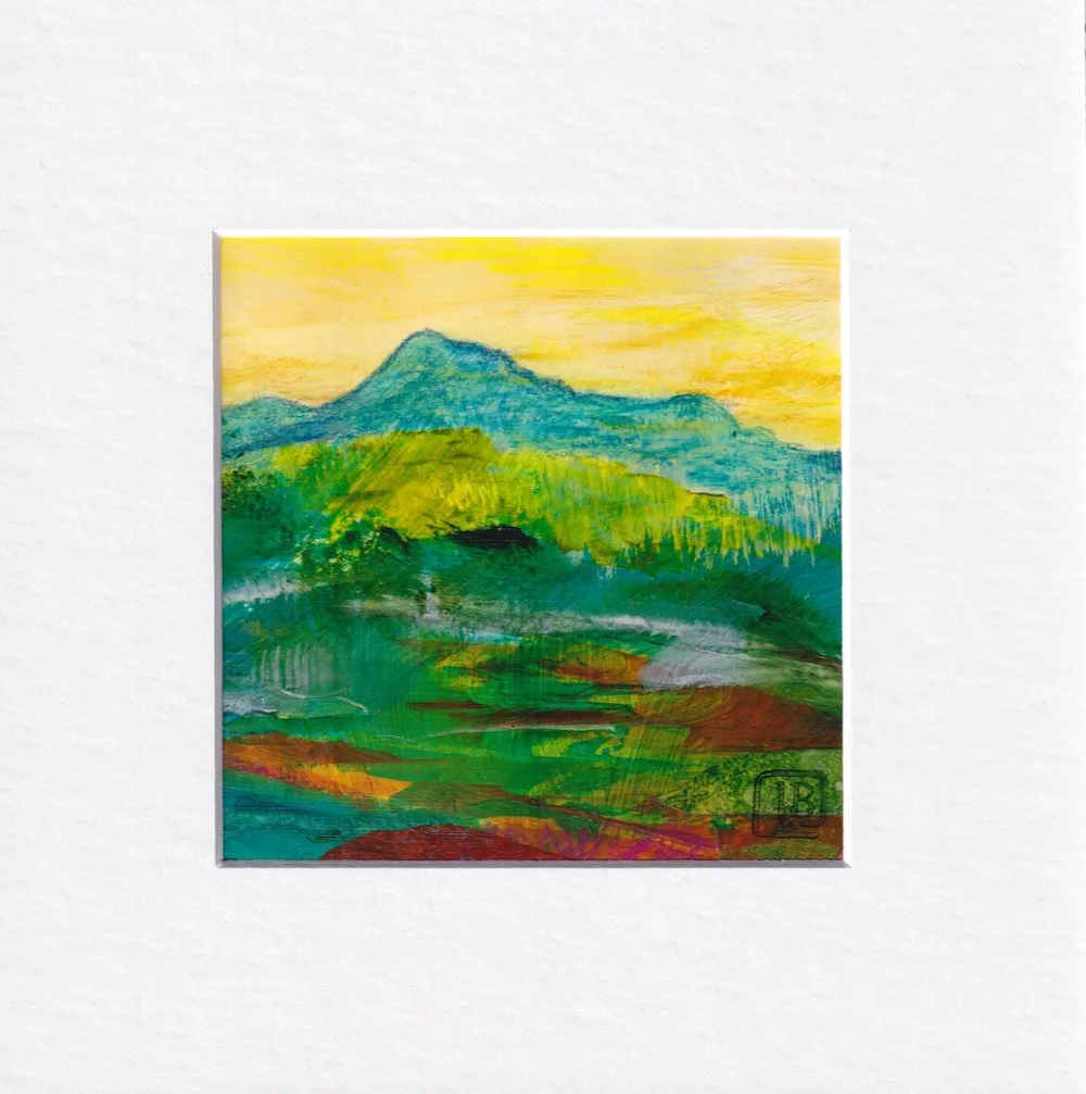 Abstract landscape of mountain in the distance and fields in front, with dark hole for an animal burrow