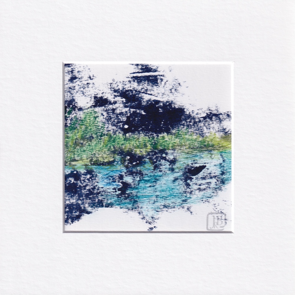 Abstract mixed media painting in deep blue, green and turquoise of Assabet river shoreline with vegetation along the edge
