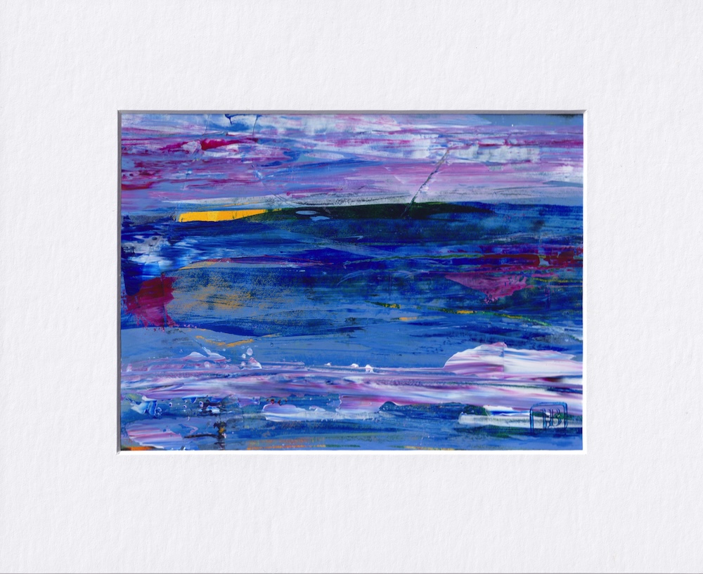 Abstract blue & pink striated ocean scene with lightening strike on the horizon