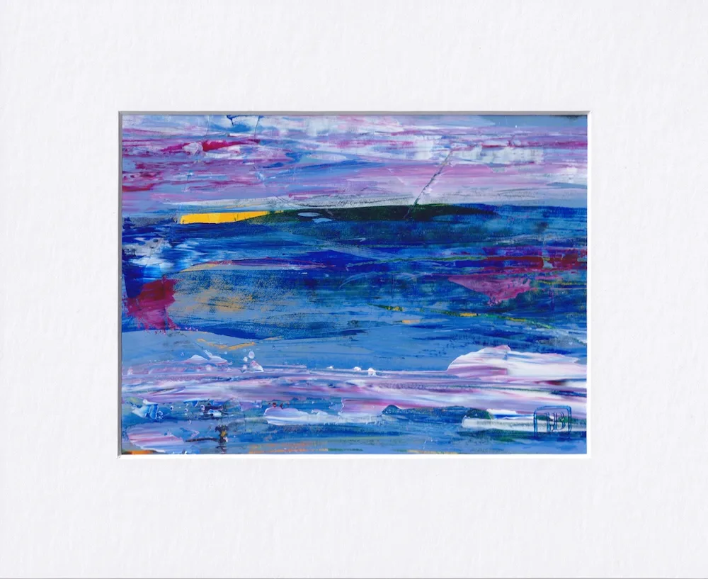 Abstract blue & pink striated ocean scene with lightening strike on the horizon