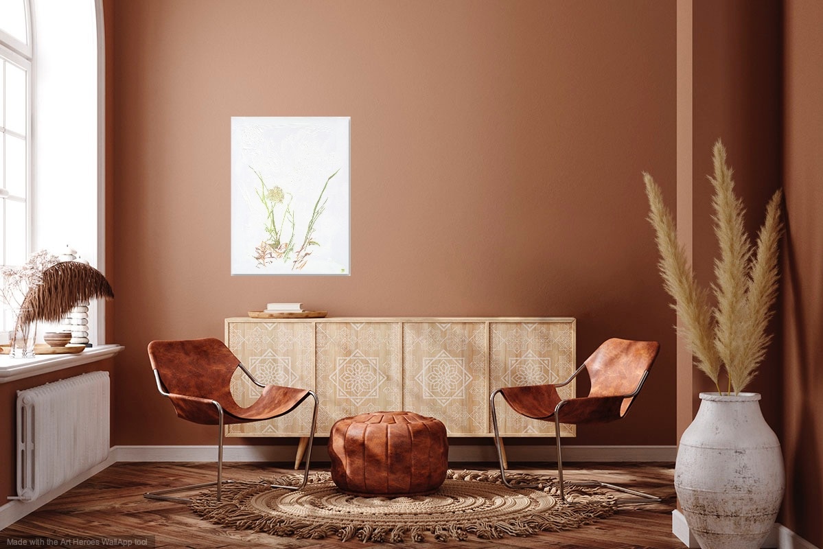 In situations image of delicate grasses against a highly texture white background in room with brown walls
